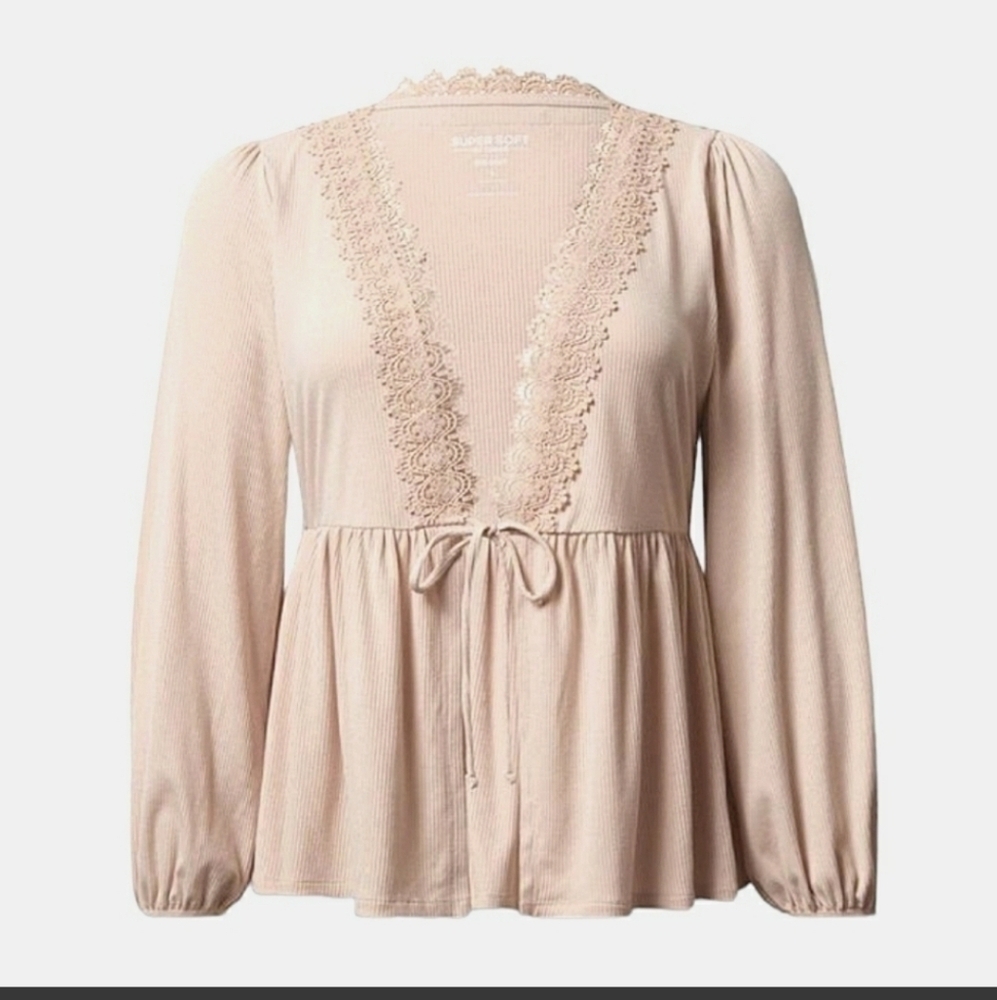 Torrid Super Soft Rib Lace Trim Tie Top Babydoll Cardigan Sweater - Picture 2 of 5